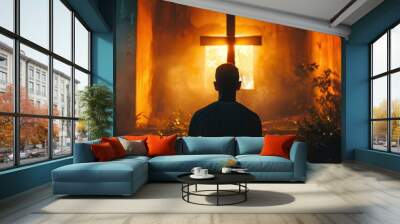 Devout Man Praying in Front of Cross - Spiritual Copy Space Wall mural