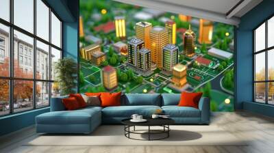 Digital Cityscape: Aerial View and Tech Integration Wall mural