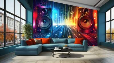 Disco Groove: Sound Waves and Speakers on Retro Music Background Wall mural