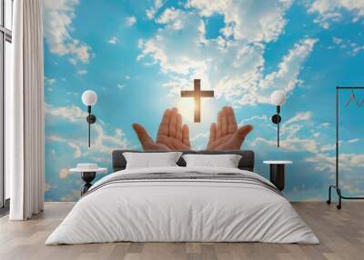 Divine Connection: Hands Reaching for Cross Against Heavenly Sky Wall mural