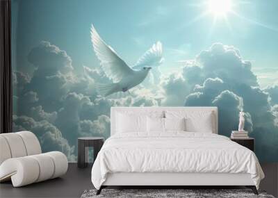 Divine Connection: Holy Spirit and Cross of Jesus Christ in Majestic Sky with Clouds - Illustration Wall mural