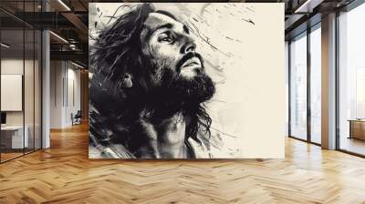 Divine Portrait of Jesus Christ in Black and White with Copy Space - Vector Illustration Wall mural