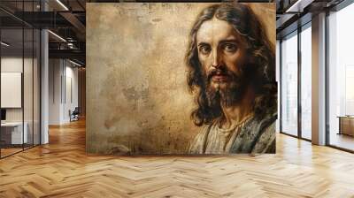 Divine Portrait on Grunge Background: Jesus Christ Horizontal Banner with Copy Space Wall mural