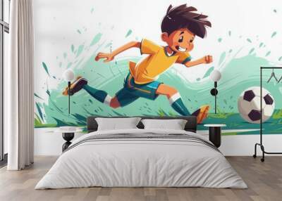 Dynamic Soccer Player Boy Kicking Ball in Active Pose, Cartoon Style for Sports Success and Championship, Wide Banner Wall mural