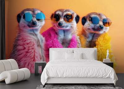 Fashionable Meerkat Group for Birthday Party Invitation: Creative Animal Concept in Bright Outfits with Copy Space on Isolated Background Wall mural