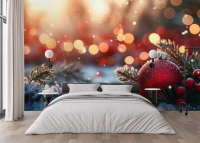 Festive Holiday Decor with Ornament, Fir Branches & Lights Wall mural