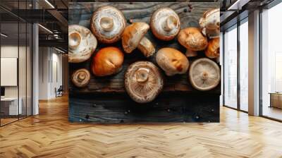 Forest Mushroom Delight: Fresh and Dried Boletus Edulis, Penny Bun Cep, Porcini Mushroom and Rosemary on Old Wooden Cutting Board - Dark Food Photography Background Wall mural