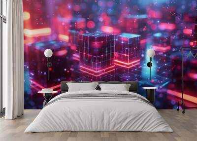 Futuristic Voxel Cubes: A Digital Abstract Illustration of Artificial Pixels and Virtual Rendering Wall mural