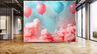 gender reveal backdrop featuring pastel blue and red smoke clouds festive balloons and confetti  Wall mural