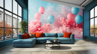 gender reveal backdrop featuring pastel blue and red smoke clouds festive balloons and confetti Wall mural