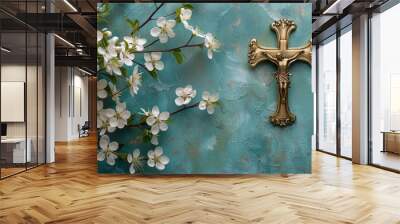 gold christianity cross with white flowers background with copy space  Wall mural