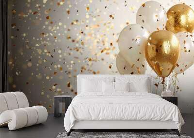 Golden Festivity: A Vibrant Banner Background with Balloons and Shimmering Confetti for Celebratory Occasions Wall mural