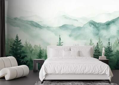 green forest watercolor painting: hand drawn fir & spruce trees landscape background illustration Wall mural