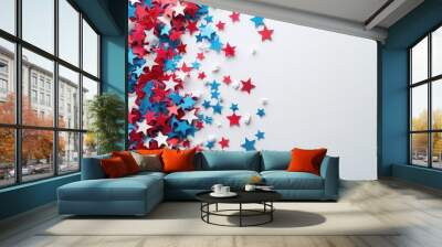 Happy Independence Day! Red, Blue & White Star Confetti Paper Decorations on White Background. Top View Flat Lay with Copy Space. Wall mural