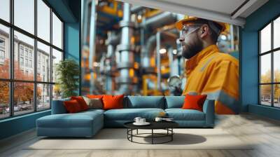 Inspecting Refinery: Workers in Uniform and Hard Hats Check Pipes and Machinery at Chemical Plant Wall mural