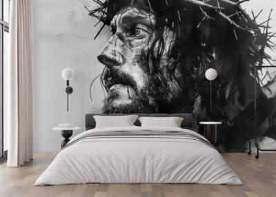 Jesus Christ with Crown of Thorns in Black and White Watercolor - Copy Space Available Wall mural