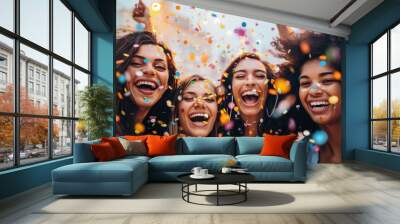 Joyous Outdoor Celebration with Confetti and Friends Wall mural