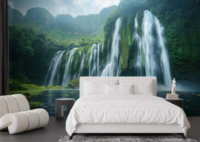 Lush Green Waterfalls Cascading in Nature's Beauty Wall mural