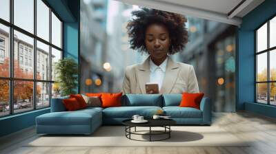 Mobile Money Transfer: African American Businesswoman in Corporate Suit Conducting Transactions Outdoors Wall mural