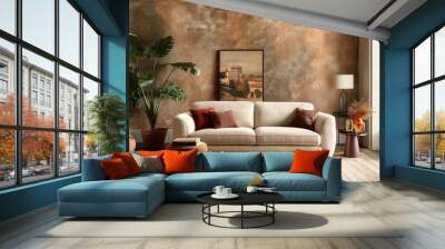 Modern Living Room with Fabric Sofa, Grid Window, and Wabi Sabi Design on Grunge Venetian Stucco Wall Wall mural