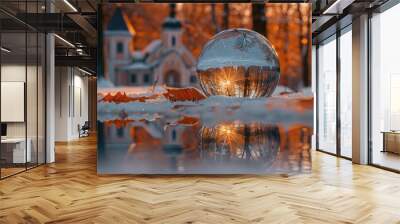 Mystical Crystal Ball Reveals Church and Forest within Enchanting Scene Wall mural