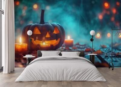 Mystical Halloween Decor: Jack O' Lanterns and Candles on Table in Misty Night Wall mural