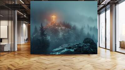 Mystical Morning: Cross Illuminated by Warm Light in a Foggy Landscape Wall mural