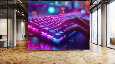 Neon Keyboard: Hacking and Gaming in the Digital Age. Colored Backlighting adds a Futuristic Touch to this Technology-driven Image. Wall mural