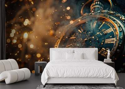 New Year's Eve Celebration: Clock and Fireworks on Abstract Defocused Background, Waiting for Midnight Bliss Wall mural