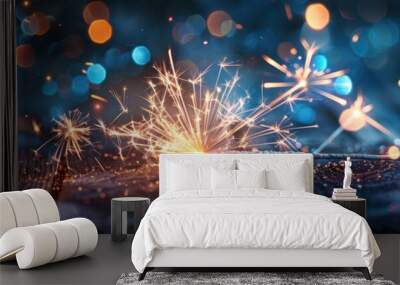 New Year's Eve Party with Sylvester: Rustic Firework Celebration with Sparklers, Blue Bokeh Lights, and Wooden Wall Texture Wall mural