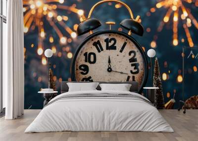 New Year's Greeting Card with Golden Bokeh Lights, Fireworks, and Text Frame against Dark Blue Night Sky Wall mural