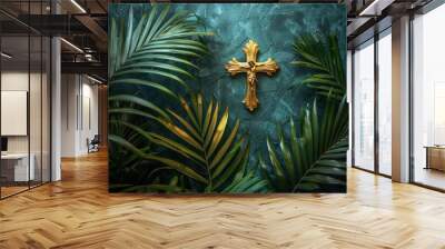 Palm Sunday: Christian Feast with Cross and Palm Leaf Wall mural