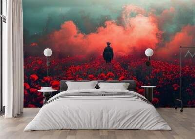 Remembrance Day Tribute: World War I Soldier Amidst Red Poppies - AI Generated Background Wall mural