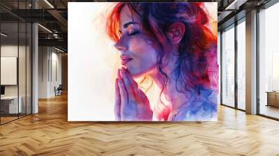 Serene Woman in Prayer - Beautiful Watercolor Illustration Wall mural