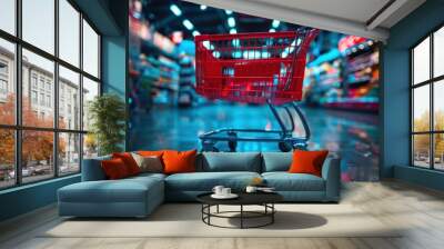 Shopping Cart in Supermarket Aisle with Red Handle Wall mural