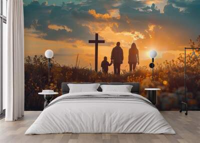 silhouette of family looking for the cross of jesus christ on autumn sunrise background easter sunday concept  Wall mural