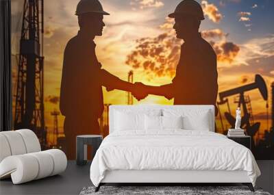 silhouette of two engineers handshaking and making corporate contract outside in front of oil pump people in helmets working in field at the oil  Wall mural