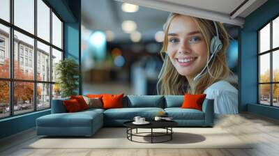 Smiling Blonde Call Center Operator Wearing Headset and Assisting Customers Wall mural