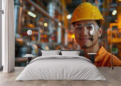 Smiling Engineer in Safety Gear at Oil Refinery Wall mural