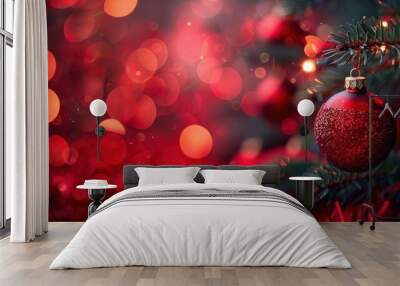 Sparkling Red Christmas Tree with Ornaments and Bokeh Lights Wall mural