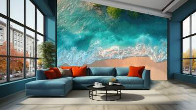 spectacular top view from drone photo of beautiful beach with relaxing sunlight sea water waves pounding the sand at the shore calmness and refreshing beach scenery  Wall mural