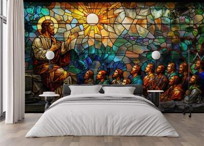 Stained Glass Jesus: Sermon on the Mount with Blues & Greens, Golden Divine Light Wall mural