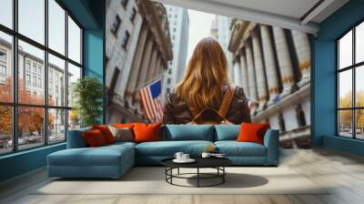 Successful Female Financial Analyst Walking on Wall Street in New York Wall mural