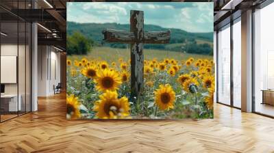 Sunflower Cross in Rustic Field Wall mural