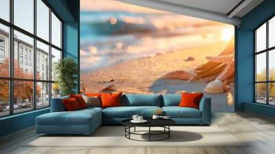 Tropical Beach Getaway: Starfish and Palm Leaves on Sunlit Sand Wall mural