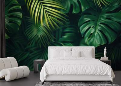 Tropical Greenery: Closeup Flat Lay of Dark Palms and Leaf Background for Nature Concept Wall mural