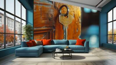 Unlocking the Home: House Key on Wooden Table Wall mural