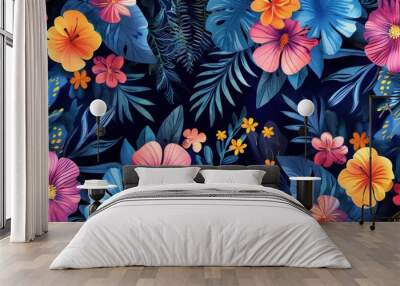 Vibrant Tropical Floral Pattern: Modern, Colorful, and Contemporary Botanical Abstract Design Wall mural