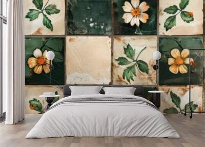 Vintage Geometric Square Mosaic Tiles with Flower Print Texture - Green Beige Seamless Retro Background Panorama Wall mural