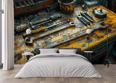 Vintage Rusty Labor Tools on Wooden Table - Top View Wall mural